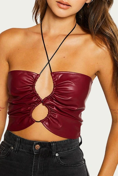 Shop Pretty Garbage Vegan Leather Cutout Top In Burgundy In Pink
