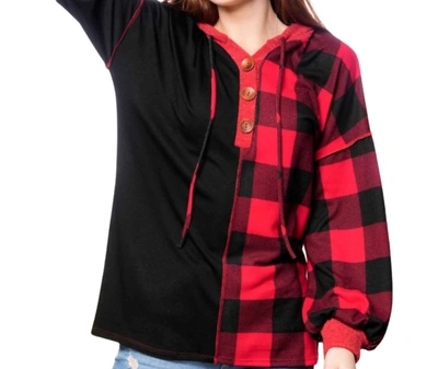 Shop Celeste Color Block Plaid Hoodie In Red And White Buffalo Plaid In Black