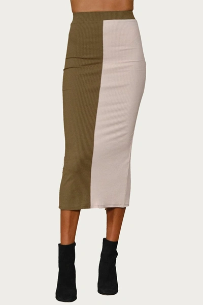 Shop Endless Blu. Colorblocked Ribbed-knit Midi Skirt In Olive Ecru In Pink