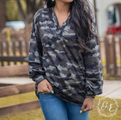 Shop Southern Grace Since You Been Gone Pullover With Balloon Longsleeves And Buttons Top In Camouflage In Grey