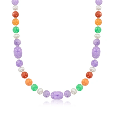 Ross-simons Multicolored Jade And 6-6.5mm Cultured Pearl Necklace With 14kt Yellow Gold In Multi