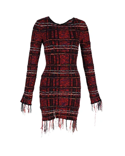 Shop Balmain Checked Tweed Fringed Long Sleeve Mini Dress In Red Viscose