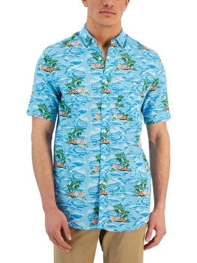 Shop Club Room Mens Linen Blend Printed Hawaiian Print Shirt In Blue
