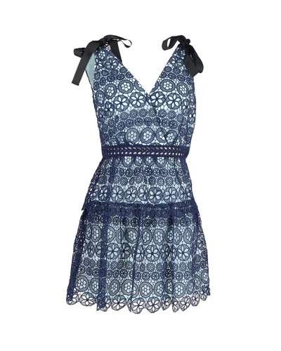 Shop Self-portrait Tiered Bow-detailed Mini Dress In Blue Polyester Guipure Lace