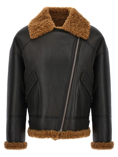 Shop Yves Salomon Leather Sheepskin Jacket In Brown