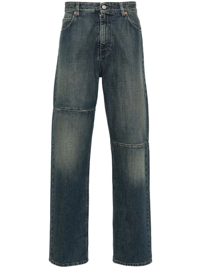 Shop Mm6 Maison Margiela Straight Leg Jeans With Logo Patch In Blue