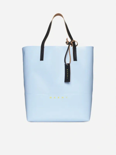 Shop Marni Fabric And Leather Tote Bag In Light Blue