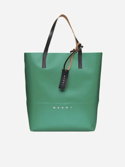 Shop Marni Fabric And Leather Tote Bag In Green