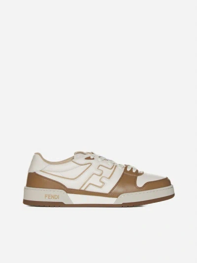 Shop Fendi Match Leather Sneakers In White,hazelnut