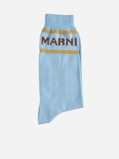Shop Marni Logo Cotton-blend Socks In Light Blue