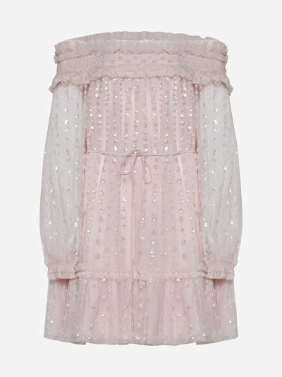 Shop Needle &amp; Thread Sequin Raindrop Off-shoulder Mini Dress In Peony Pink