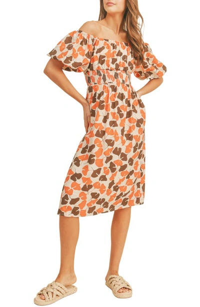 Shop Lush Puff Sleeve Off The Shoulder Midi Dress In Orange Brown