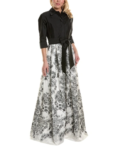 Shop Teri Jon By Rickie Freeman Embroidered Shirt Gown In Black