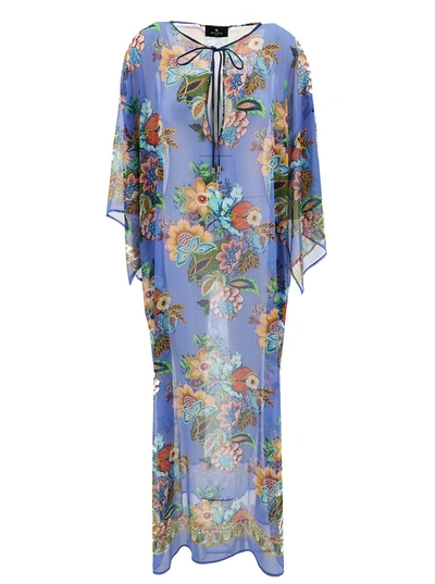 Shop Etro Long Multicolor Kaftan With Bouquet-inspired Print In Viscose Woman In Blu