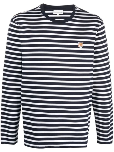 Shop Maison Kitsuné Fox-motif Striped Cotton T-shirt In Navy Blue