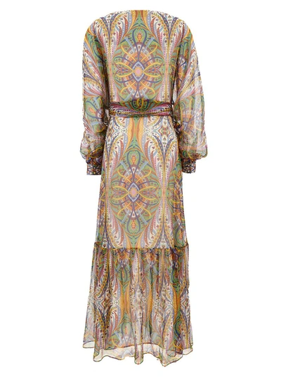 Shop Etro Maxi Multicolor Dress With All-over Print And Belt In Silk Woman