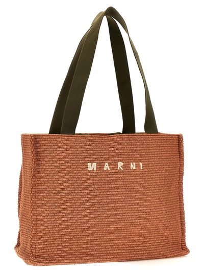 Shop Marni Large Shopping Bag With Logo Embroidery Tote Bag Beige