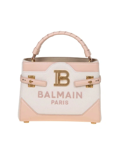 Shop Balmain Leather And Canvas Handbag In Creme/nude