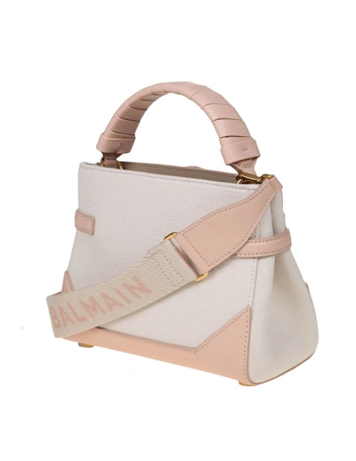 Shop Balmain Leather And Canvas Handbag In Creme/nude