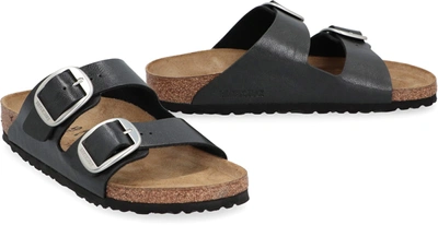 Shop Birkenstock Arizona Big Buckle Leather Slides In Black