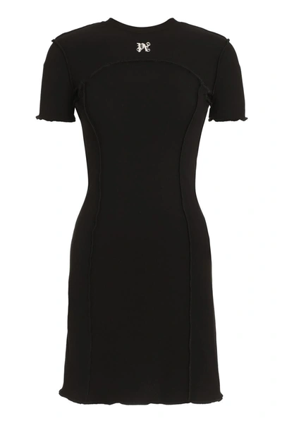 Palm Angels Monogram Ribbed Dress With Frayed Edges In Black