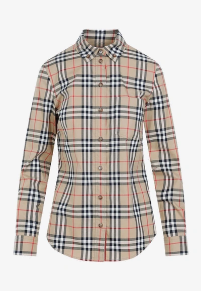 Shop Burberry Button-down Checked Shirt In Nude