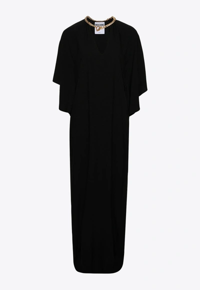 Moschino Chain And Heart Envers Maxi Dress In Satin In Black