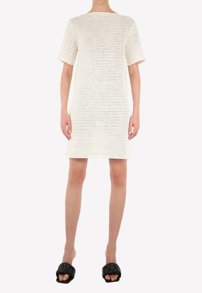 Shop Bottega Veneta Crochet Knit Mini Dress With Triangle Cut-out In White
