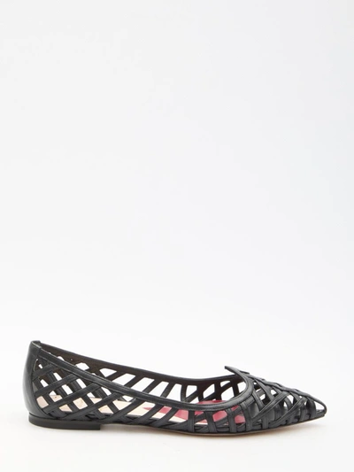 Roger Vivier Leather Point Toe Ballet Flats With Cut-out Details In Black