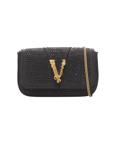 Shop Versace New  Virtus Barocco Black Crystal Embellished Flap Crossbody Clutch Bag