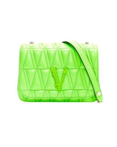 Shop Versace New  Virtus Bright Green V Quilted Patent Leather Crossbody Flap Bag