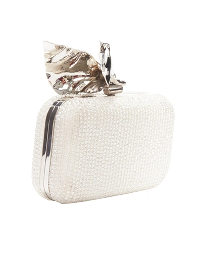 Shop Maticevski Romancing White Bead Diamante Silver Metal Flower Clasp Box Clutch Bag