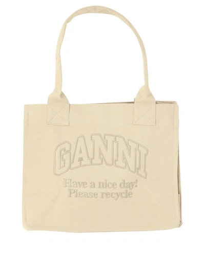 Shop Ganni Tote Bag With Embroidered Logo In Beige
