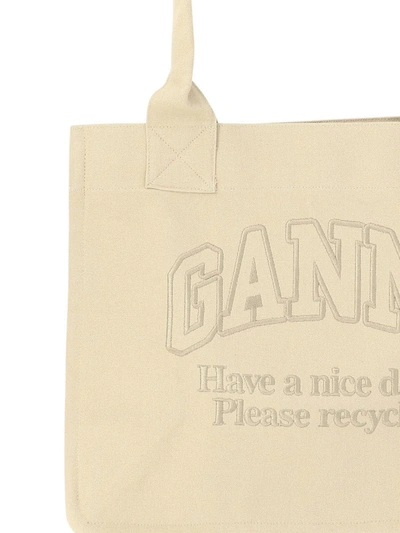 Shop Ganni Tote Bag With Embroidered Logo In Beige