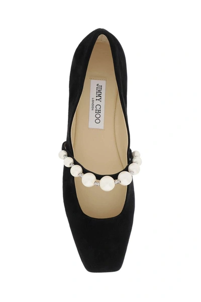 Shop Jimmy Choo Suede Leather Ballerina Flats With Pearl In Black