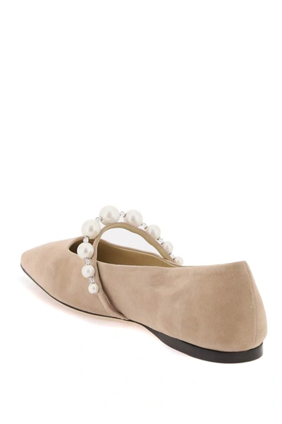 Shop Jimmy Choo Suede Leather Ballerina Flats With Pearl In Neutro