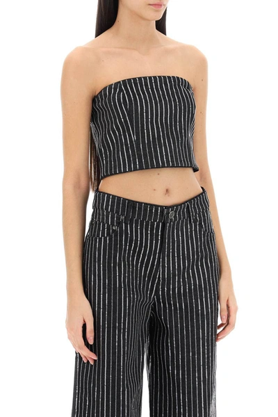 Shop Rotate Birger Christensen Rotate Cropped Top With Sequined Stripes In Black