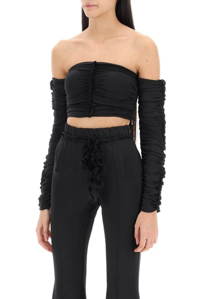 Shop Rotate Birger Christensen Rotate Ruched Off-shoulder Cropped Top In Black
