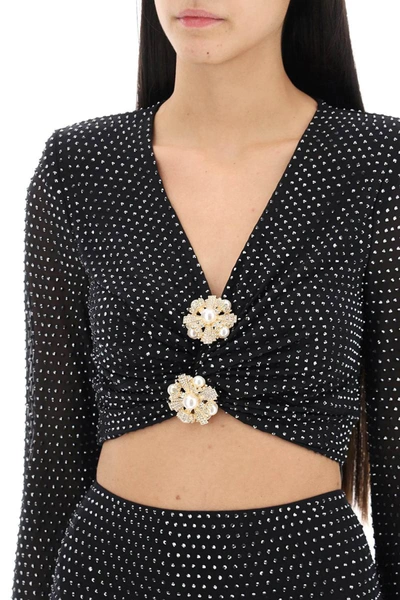 Shop Self-portrait Self Portrait Rhinestone-studded Cropped Top With Diamanté Brooches In Multicolor