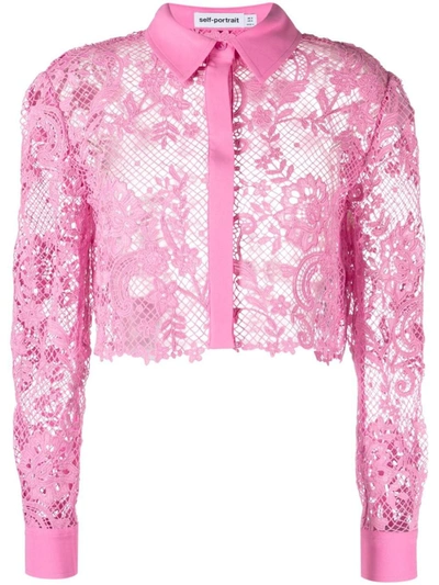 Shop Self-portrait Pink Lace Cropped Shirt Clothing In Pink & Purple