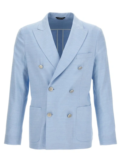 Shop Tonello Double Breast Linen Blazer Jacket In Blue