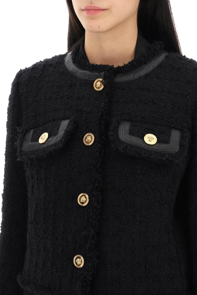 Shop Versace Cropped Jacket In Boucle Tweed In Black