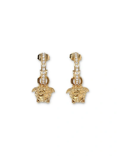 Shop Versace Crystal La Medusa Hoop Earrings In Gold