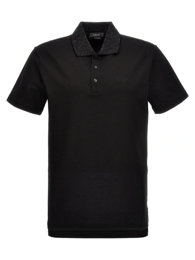 Shop Versace Logo Sequin Polo Shirt In Black