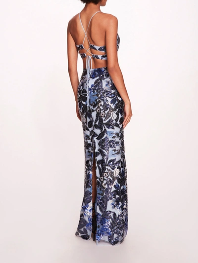 Shop Marchesa Botanical Sequin Gown In Sky Blue/navy