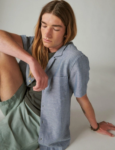 Lucky Brand Stripe Short Sleeve Linen & Cotton Button-up Camp Shirt In Blue