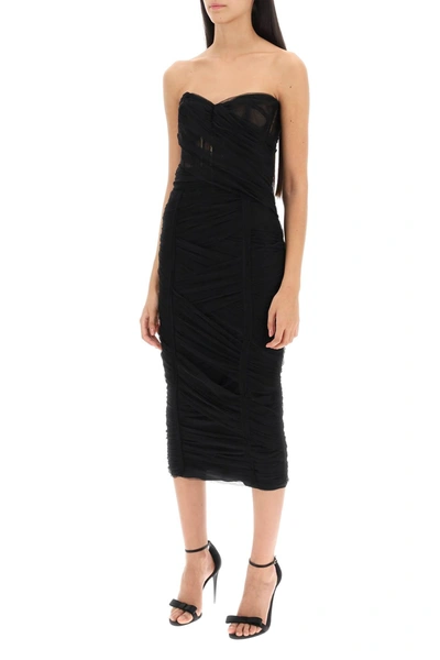 Shop Dolce & Gabbana Midi Bustier Dress In Draped Tulle Women In Black