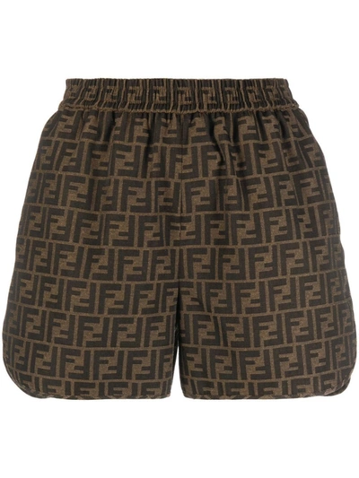 Shop Fendi Women Jacquard Ff Motif Shorts In Brown