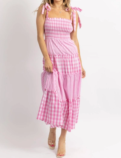Shop Day + Moon Mixed Gingham Smocked Maxi Dress In Pink