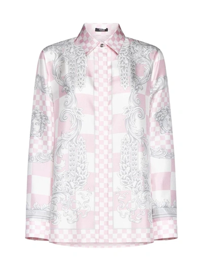 Shop Versace Shirts In Pastel Pink + White + Silver